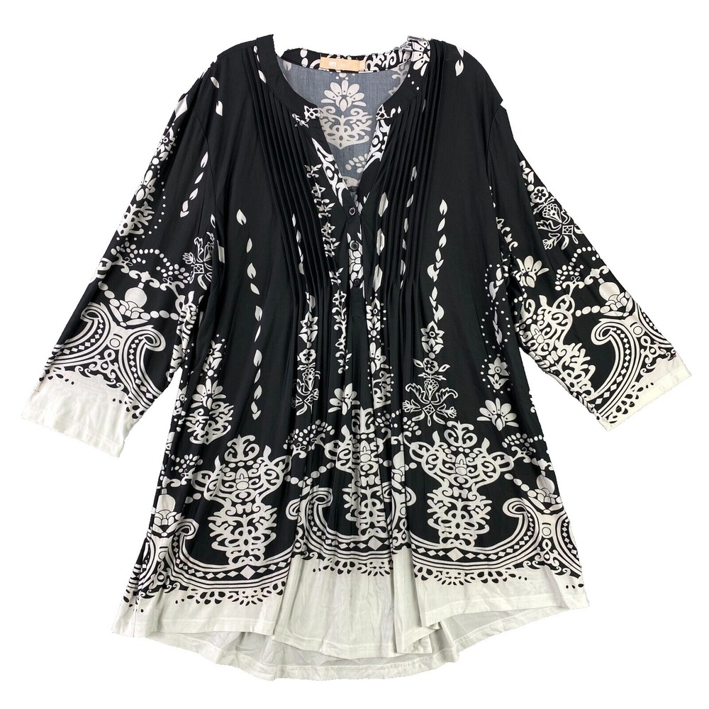 La Cera Dress‎ Women's 2X Black White Paisley Pleated Knee Length Stretch Boho